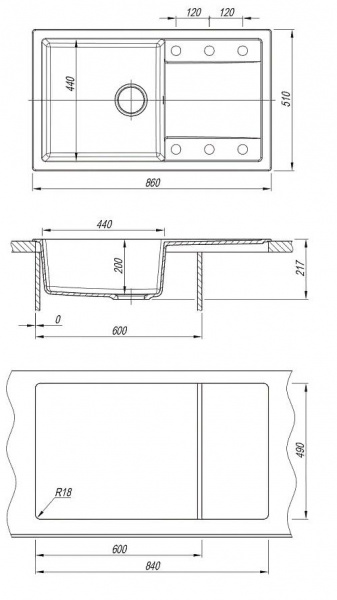 Мойка кухонная из литьевого мрамора Dr. Gans ТЕХНО 860 25.030.D0860.408 86*51 см. серый