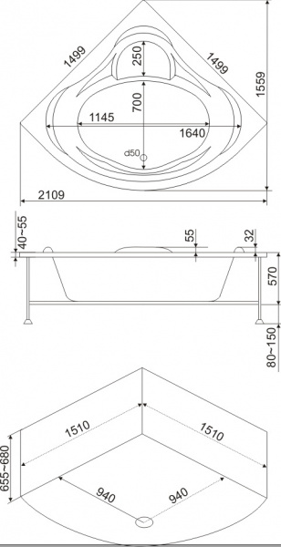 Ванна акриловая BAS МОДЕНА В 00025 150x150 см. 